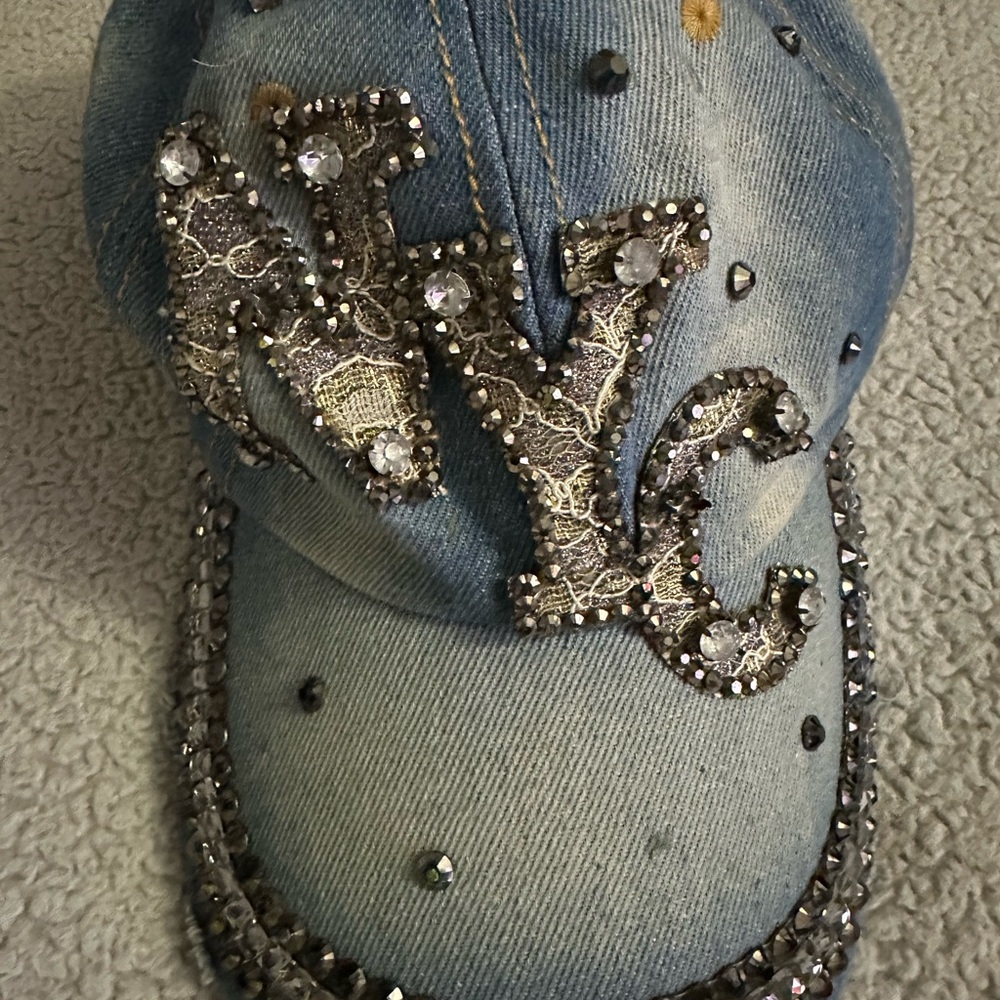 Rhinestone Embellished Denim Baseball Cap - Light Blue